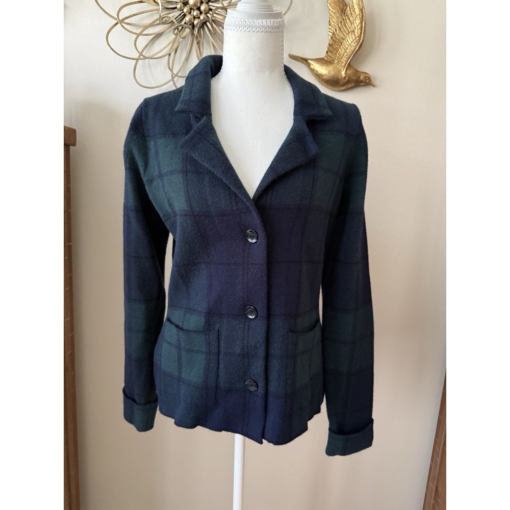Tahari Blackwatch Plaid Knit Blazer Jacket Green Navy Preppy Academia Womens M